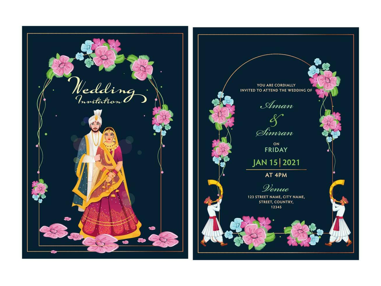 bloemen bruiloft uitnodiging kaart ontwerp reeks met Indisch paar beeld en evenementenlocatie details. vector