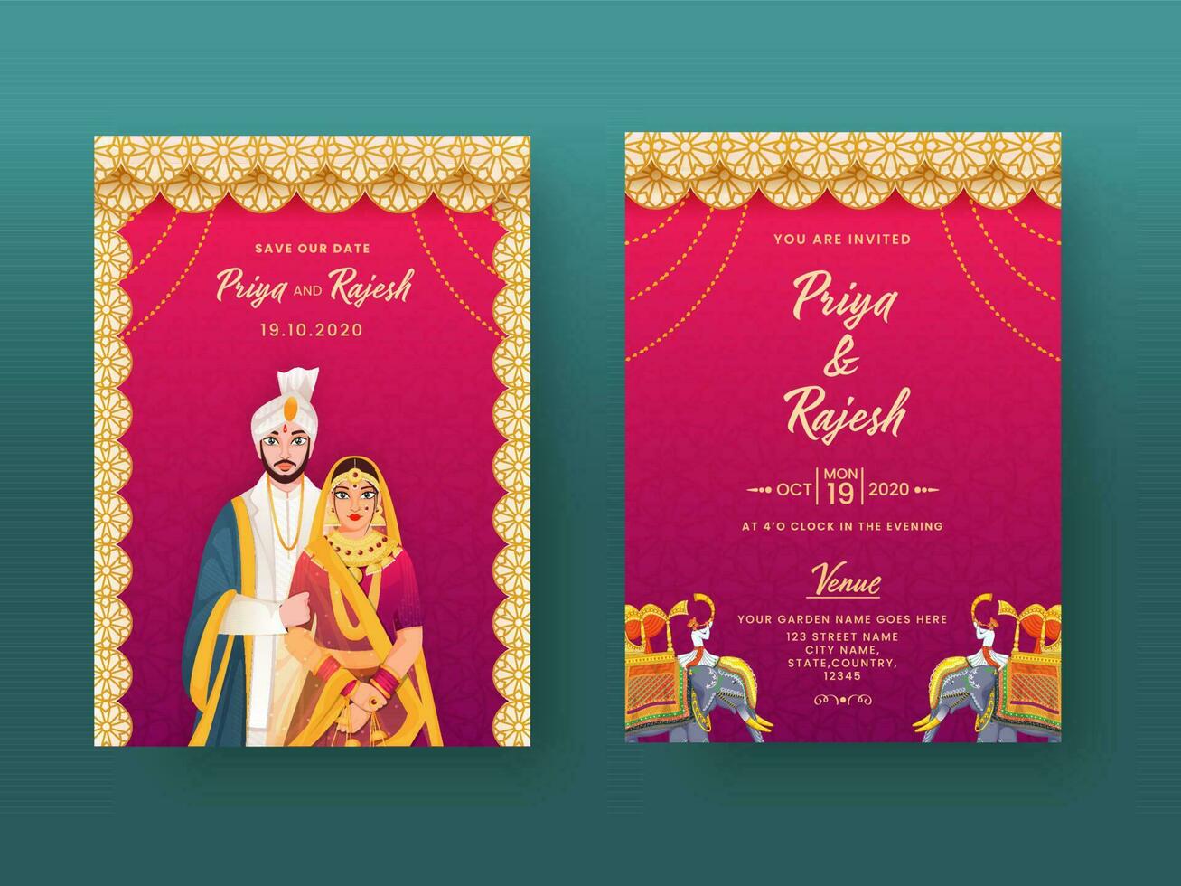 Indisch bruiloft uitnodiging kaart in mandala patroon met paar karakter en evenementenlocatie details. vector