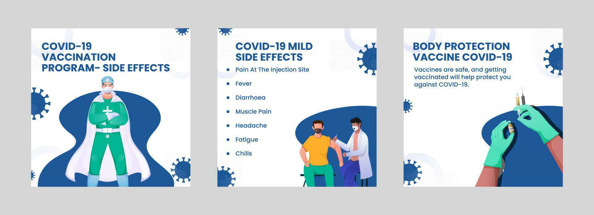 covid-19 vaccinatie programma en lichaam kant Effecten gebaseerd poster ontwerp in drie opties. vector