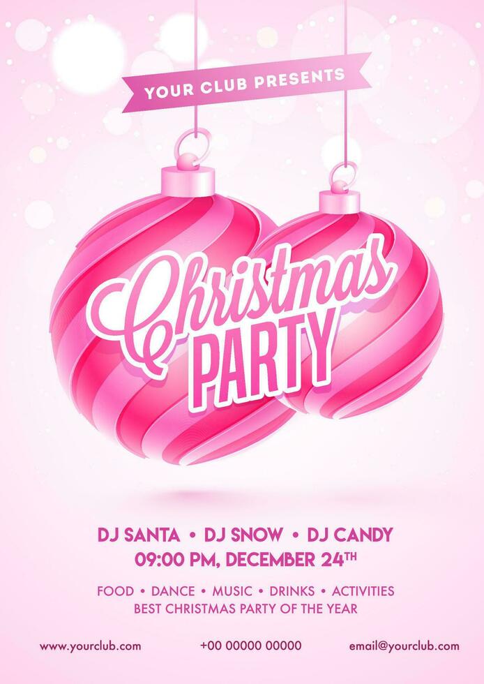 sticker stijl tekst van Kerstmis partij met hangende kerstballen en evenementenlocatie details Aan roze bokeh effect achtergrond voor uitnodiging kaart ontwerp. vector