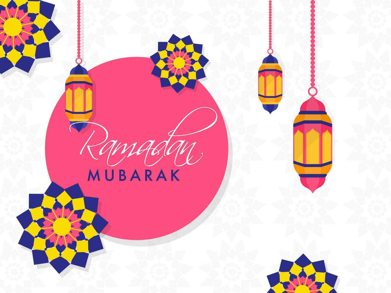 Ramadan mubarak tekst Aan roze circulaire kader met hangende lantaarns en Islamitisch bloemen patroon achtergrond. vector