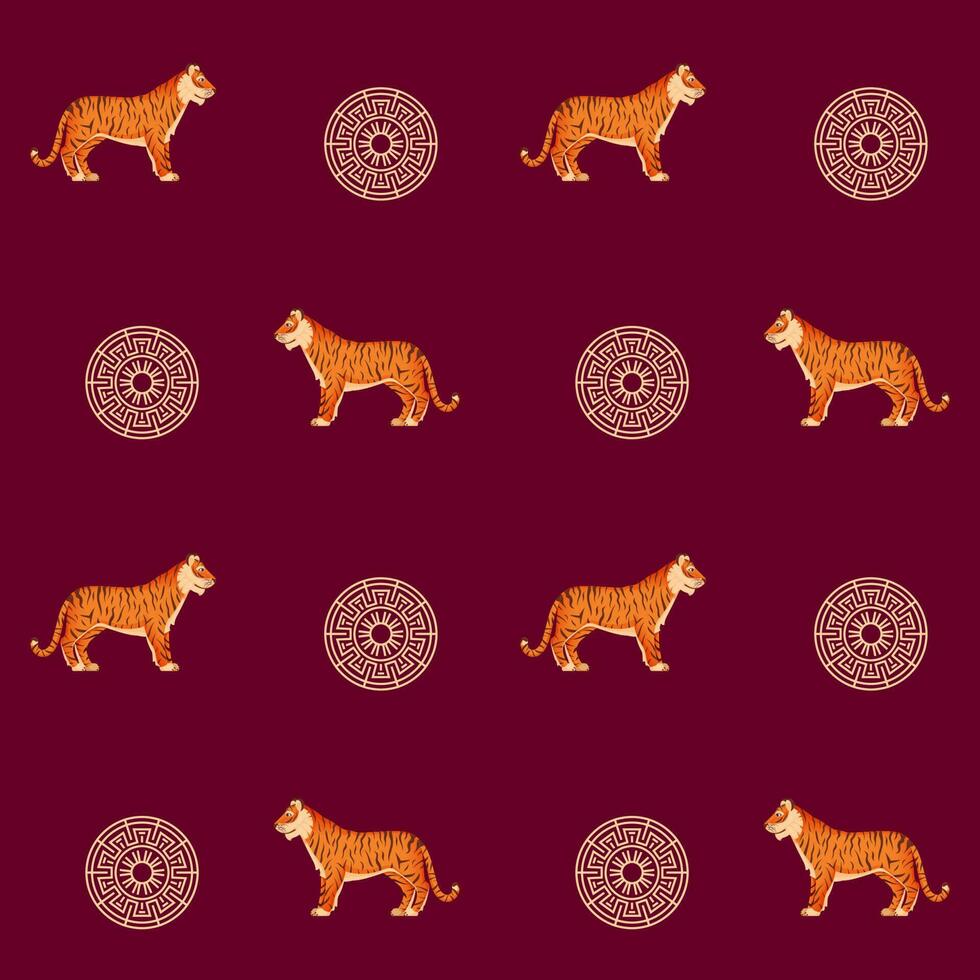tijger dier en Chinese ronde kader versierd Aan rood achtergrond. vector