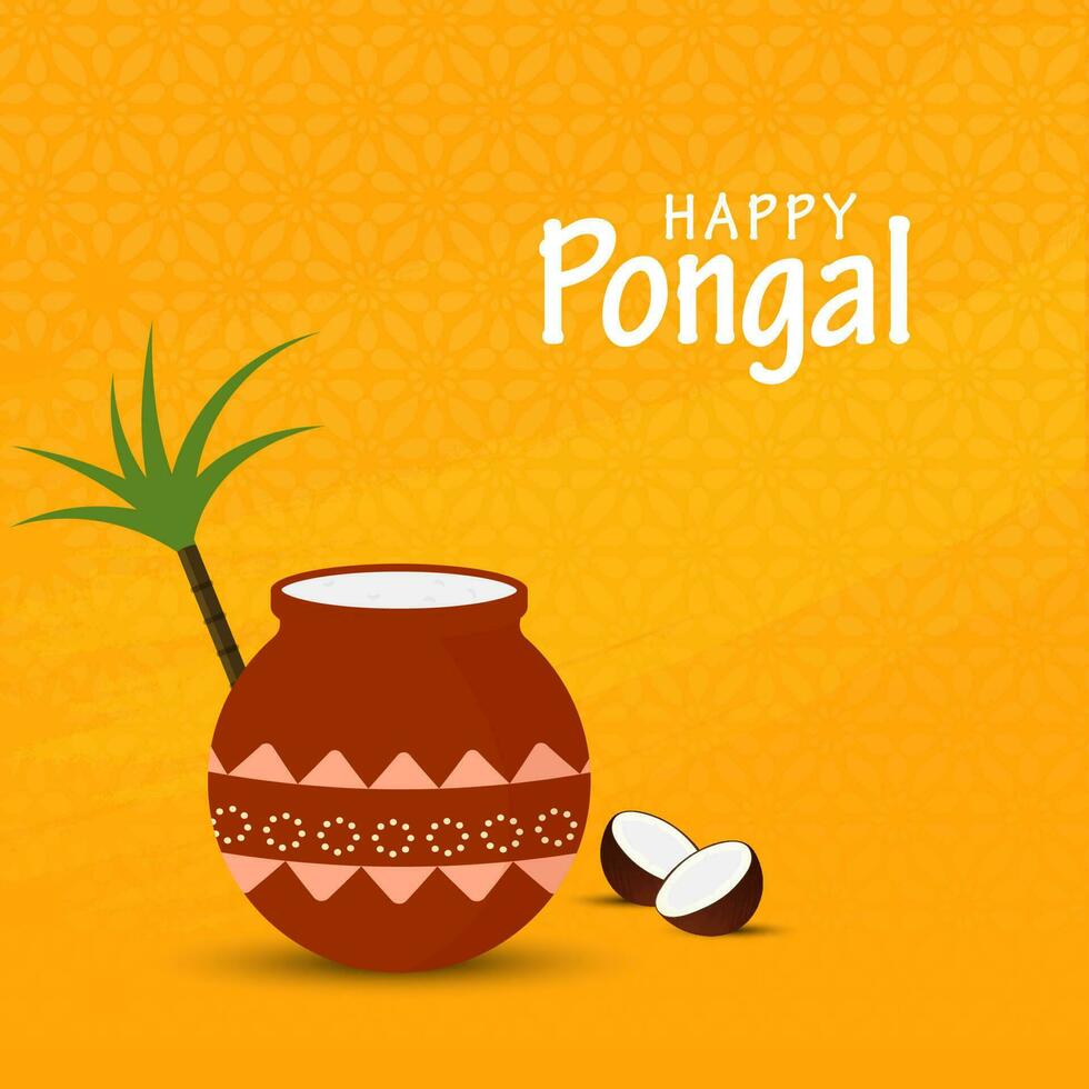 gelukkig pongal viering poster ontwerp met traditioneel schotel of graan binnen modder pot, kokosnoot, suikerstok Aan donker geel bloemen patroon achtergrond. vector