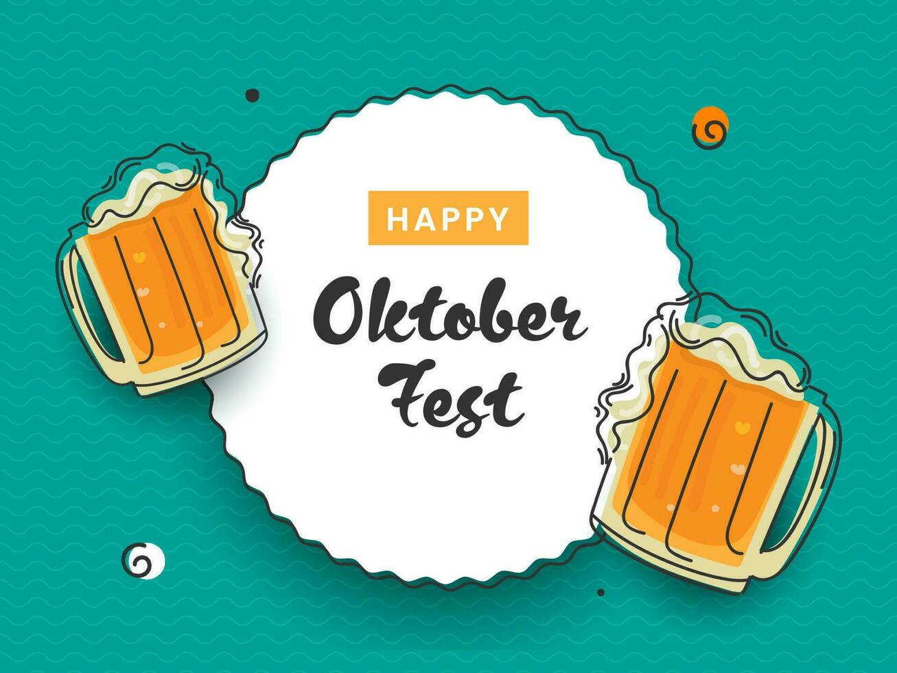 gelukkig oktoberfeest doopvont over- circulaire kader met tekening stijl bier mokken Aan turkoois golvend lijnen achtergrond. vector