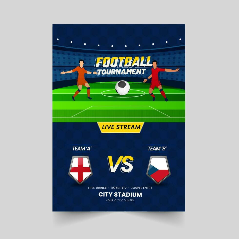 Amerikaans voetbal toernooi sjabloon of folder ontwerp met deelnemen landen van Engeland vs Tsjechisch republiek. vector