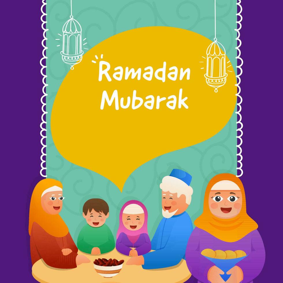 Islamitisch familie vieren Ramadan festival met snoepgoed Aan kleurrijk achtergrond. vector