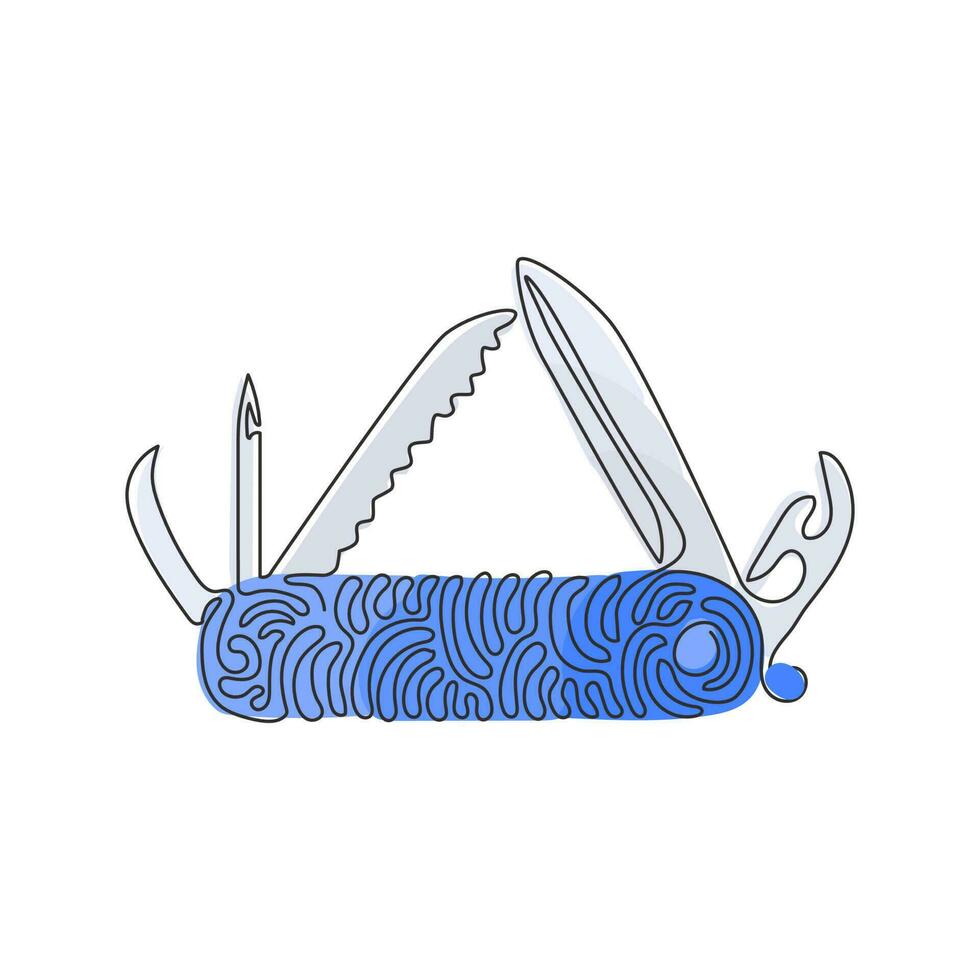 continu één lijntekening multifunctioneel zakmes, kampeer- en wandeluitrusting. kampeermes gereedschap. outdoor kamp toerisme. swirl krul stijl. enkele lijn tekenen ontwerp vector grafische afbeelding