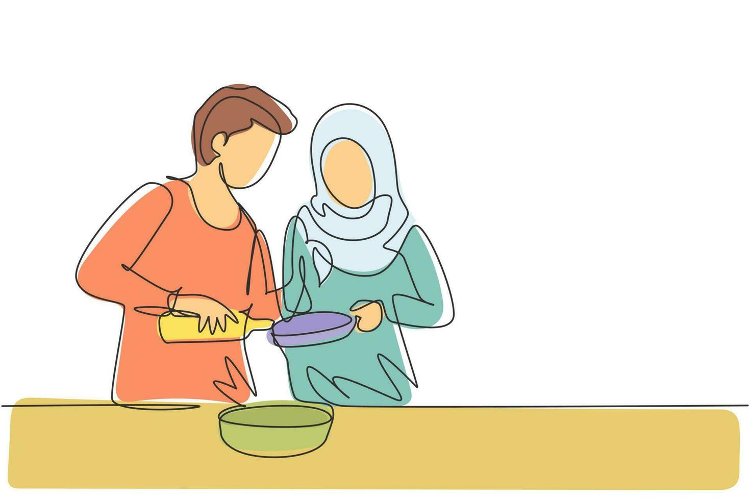 continu één lijntekening romantisch Arabisch stel giet olie in de pan die door een van hen wordt vastgehouden. kookvoorbereiding in gezellige keuken thuis. enkele lijn tekenen ontwerp vector grafische afbeelding