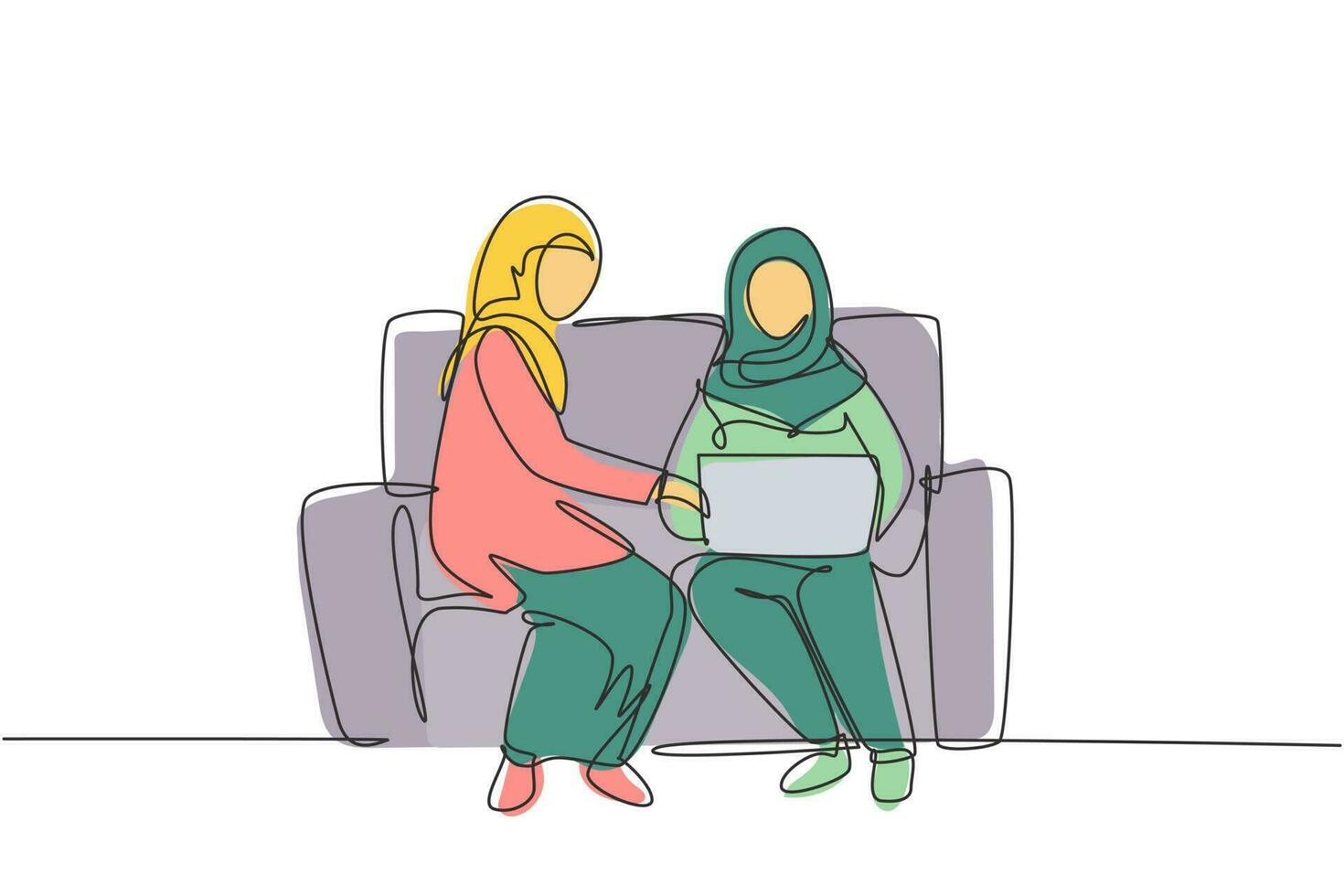 enkele doorlopende lijntekening twee Arabische vrouw met laptop zittend op de bank samen. freelance, afstandsonderwijs, online cursussen en studeren. dynamische één lijn trekken grafisch ontwerp vectorillustratie vector