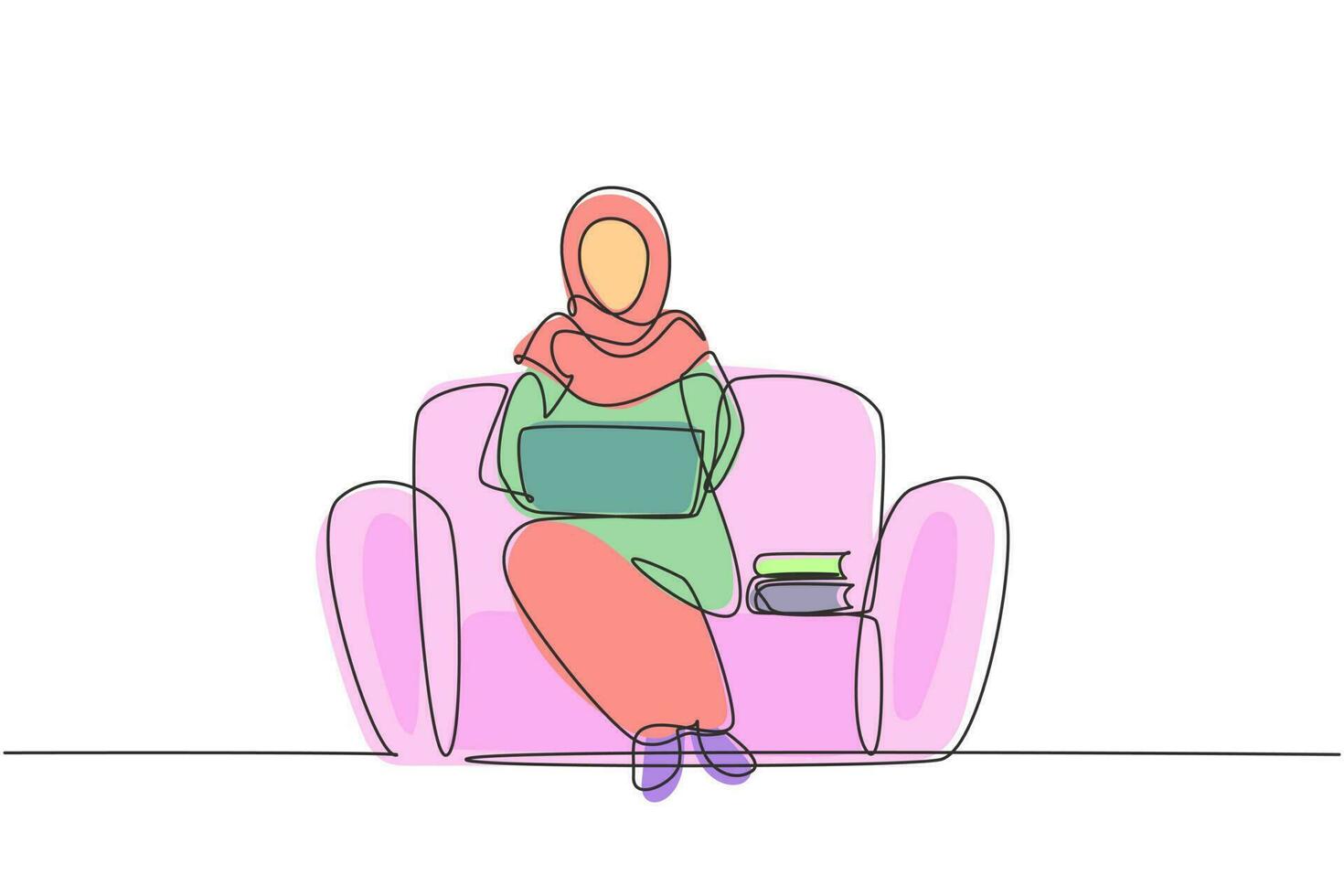 continu één lijntekening jonge Arabische vrouw met laptop zittend op de bank. freelance, afstandsonderwijs, online cursussen en studieconcept. enkele lijn tekenen ontwerp vector grafische afbeelding