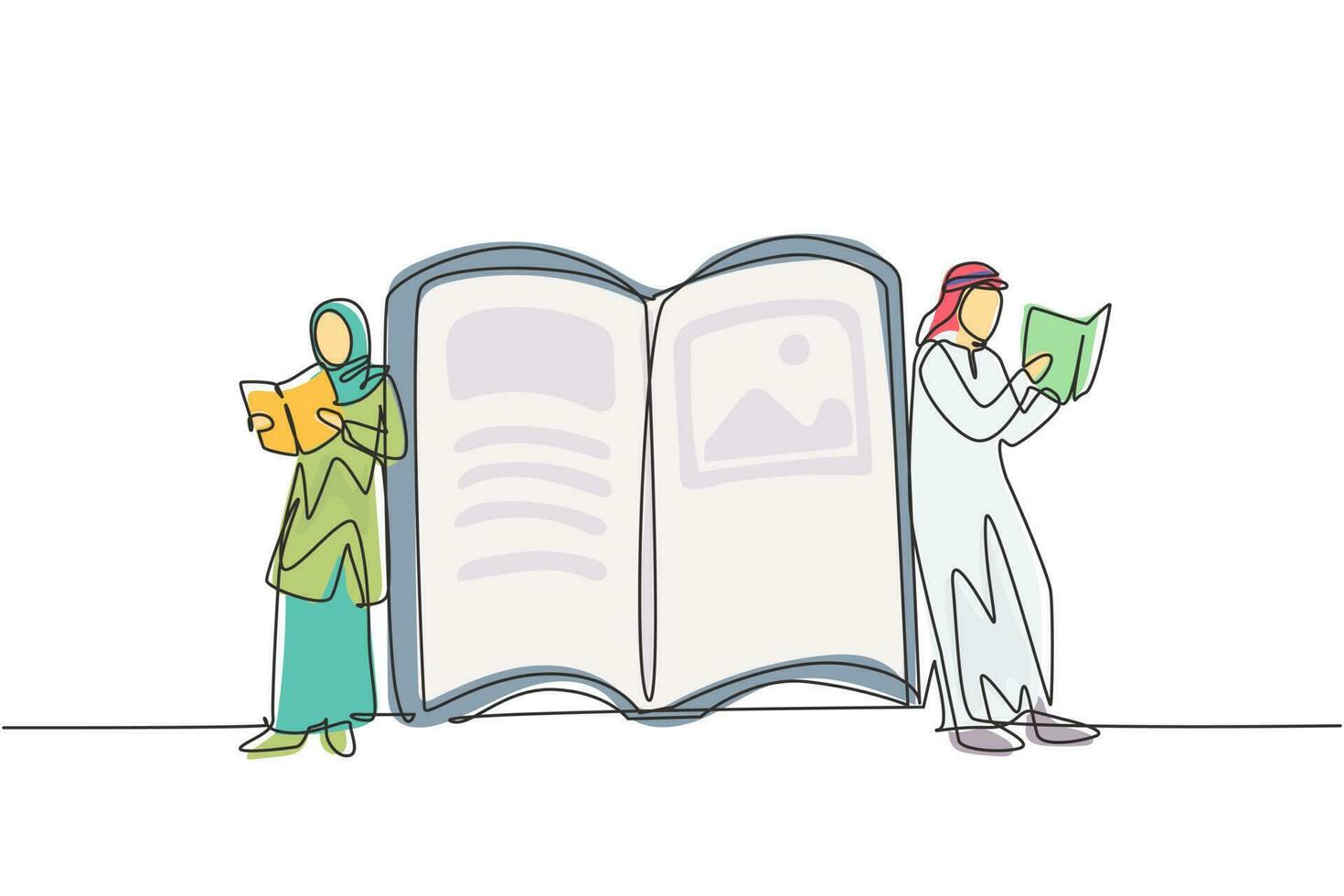 continue één lijntekening Arabische studenten vrouw en man lezen, leren en staan naast open enorm boek. literatuurliefhebbers, onderwijsconcept. enkele lijn tekenen ontwerp vector grafische afbeelding