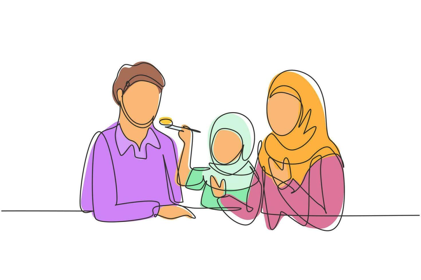 continue één lijntekening Arabische familie die samen plezier heeft in een modern restaurant. dochter voedt haar vader met liefde. gelukkig klein familieconcept. enkele lijn tekenen ontwerp vector grafische afbeelding