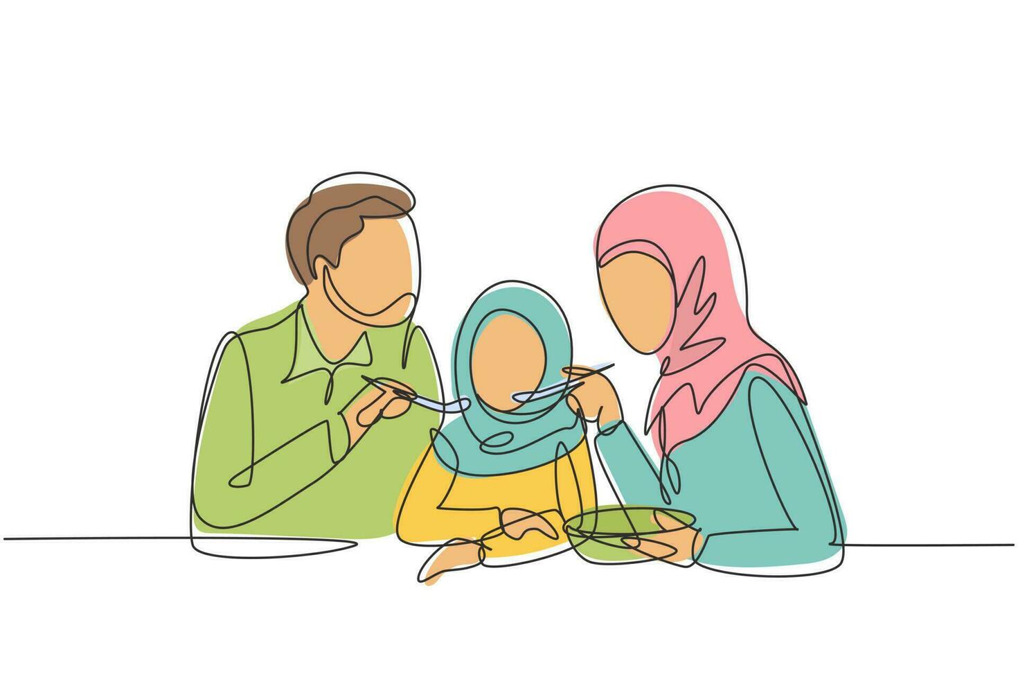 enkele doorlopende lijntekening arabische familie die samen plezier heeft in restaurant. ouders voeden hun dochter met liefde. gelukkig klein familieconcept. een lijn tekenen grafisch ontwerp vectorillustratie vector