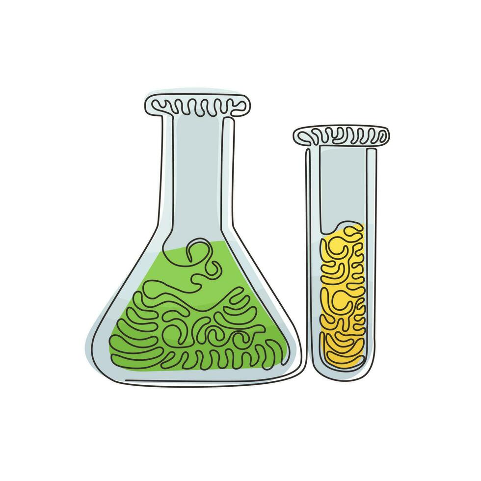 continu één lijntekening chemie laboratorium glaswerk. gediplomeerde laboratoriumbuis, beker en kolf. apparatuur voor chemische test. swirl krul stijl. enkele lijn tekenen ontwerp vector grafische afbeelding