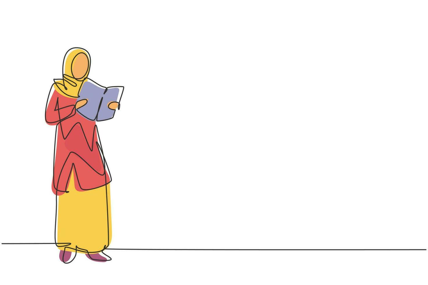 enkele doorlopende lijntekening jonge arabische vrouw leest, leert en staat in de bibliotheek. alleen studeren. intelligente student, onderwijsconcept. dynamische één lijn trekken grafisch ontwerp vectorillustratie vector