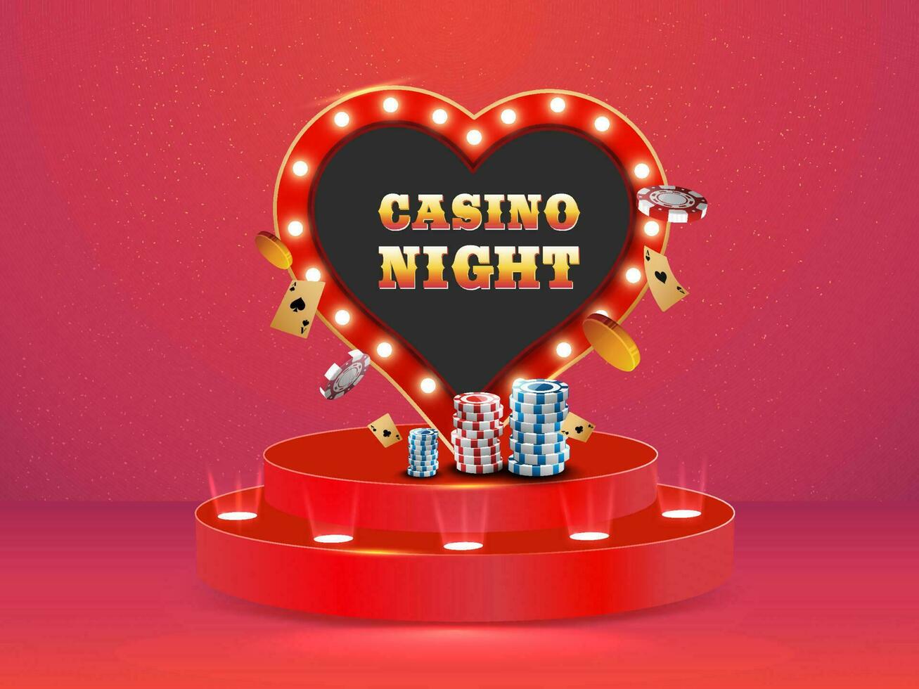 casino nacht tekst over- selectiekader hart kader met gouden munten, aas kaarten, poker chips Aan 3d podium of fase. vector