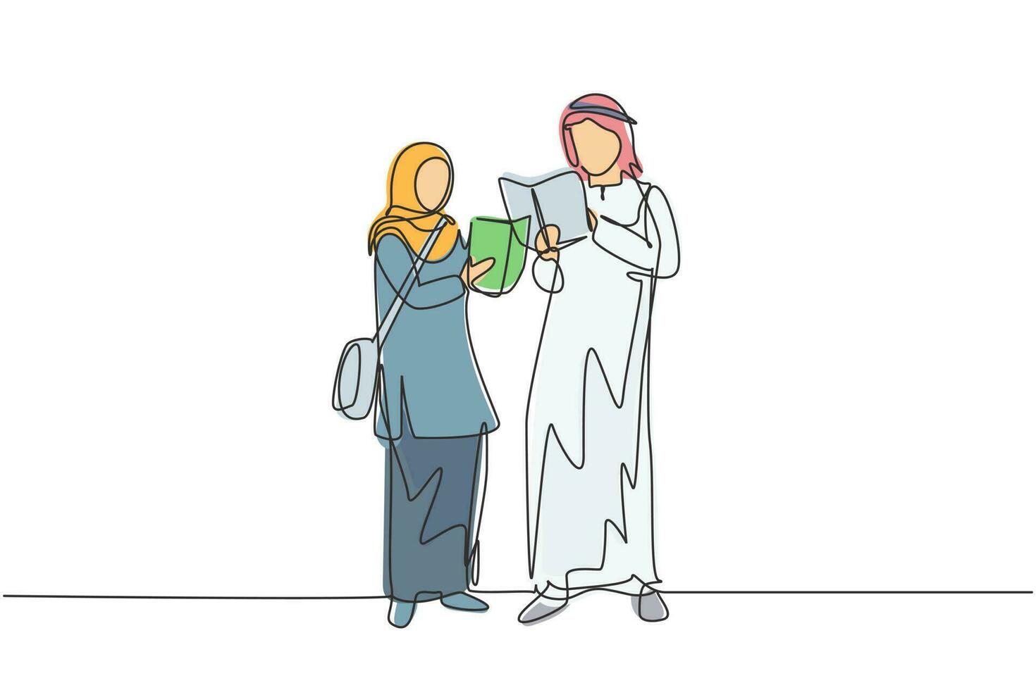 enkele doorlopende lijntekening arabische studenten vrouw en man lezen, leren en staan in de bibliotheek. literatuurliefhebbers, onderwijsconcept. dynamische één lijn trekken grafisch ontwerp vectorillustratie vector