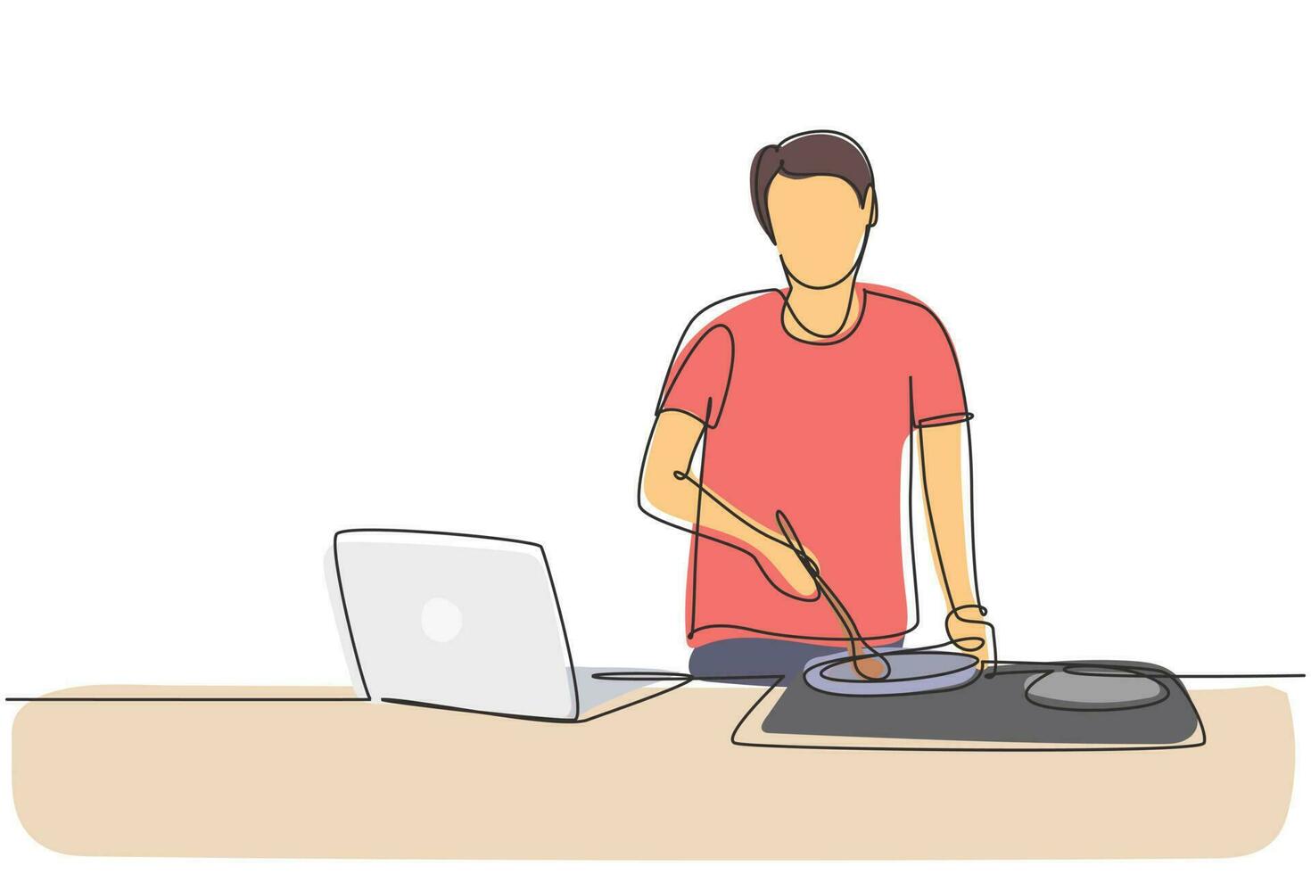 enkele doorlopende lijntekening man koken diner heeft videogesprek gesprek in de keuken. man praten met vriend met behulp van toepassing op laptop. dynamische één lijn trekken grafisch ontwerp vectorillustratie vector