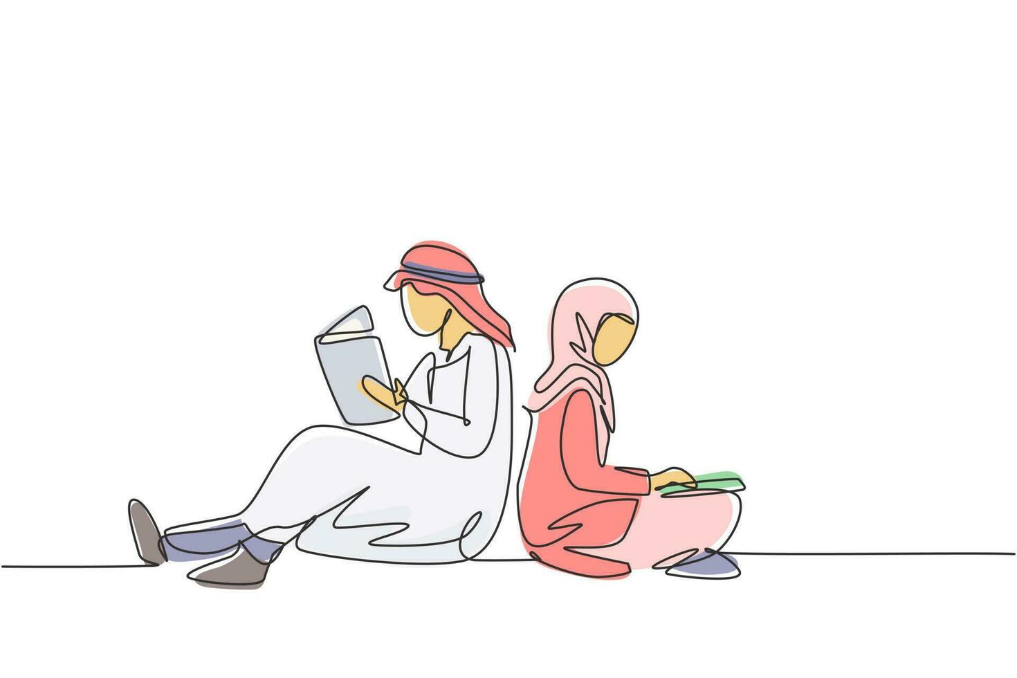 enkele een lijntekening arabische studenten vrouw en man lezen, leren en zitten leunen op elkaar. studeren in bibliotheek. literatuur liefhebbers. doorlopende lijn tekenen ontwerp grafische vectorillustratie vector