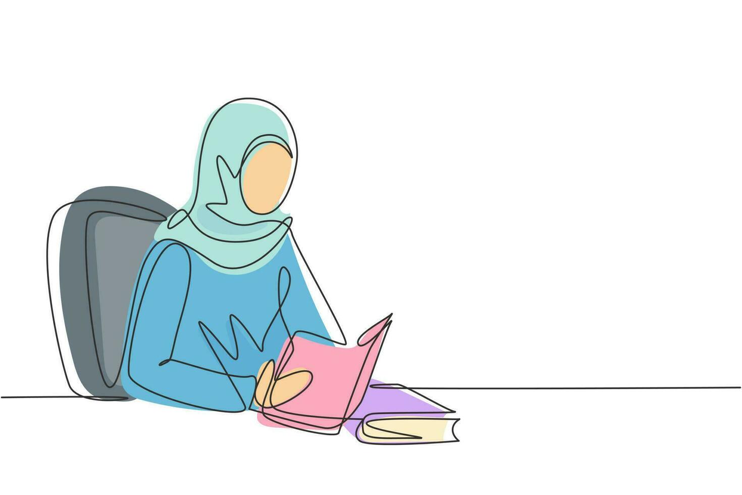 enkele doorlopende lijntekening arabische vrouw leest, leert en zit op een stoel rond tafel. studeren in bibliotheek. slimme student, onderwijsconcept. een lijn tekenen grafisch ontwerp vectorillustratie vector