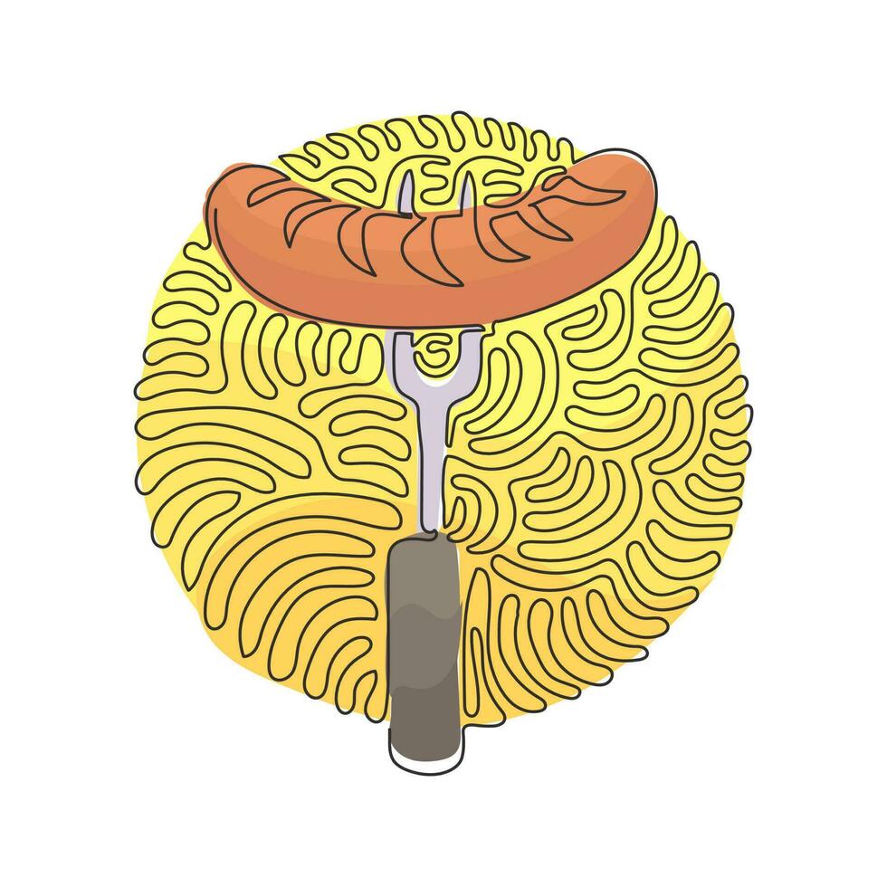 enkele lijntekening gegrilde worst lijn en glyph icoon, barbecue en eten, worst op vork teken. swirl curl cirkel achtergrondstijl. moderne doorlopende lijn tekenen ontwerp grafische vectorillustratie vector