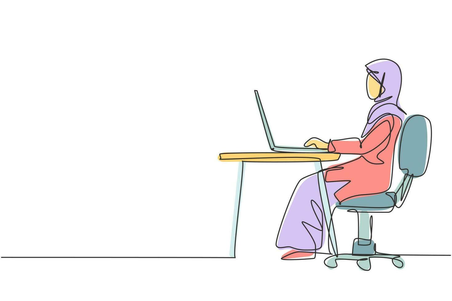 enkele een lijntekening Arabische vrouw met laptop zittend op een stoel rond het bureau. afstandsonderwijs, online cursussen en studieconcept. moderne doorlopende lijn tekenen ontwerp grafische vectorillustratie vector