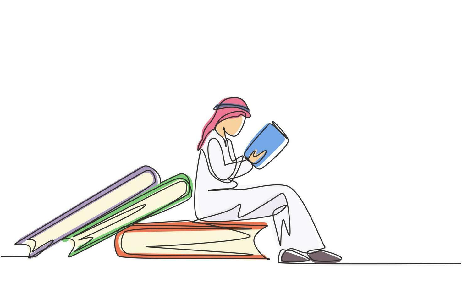 enkele lijntekening jonge Arabische student mannelijke lezen, leren en zittend op grote boeken. studeren in bibliotheek. literatuurfans of -liefhebbers. moderne doorlopende lijn tekenen ontwerp grafische vectorillustratie vector