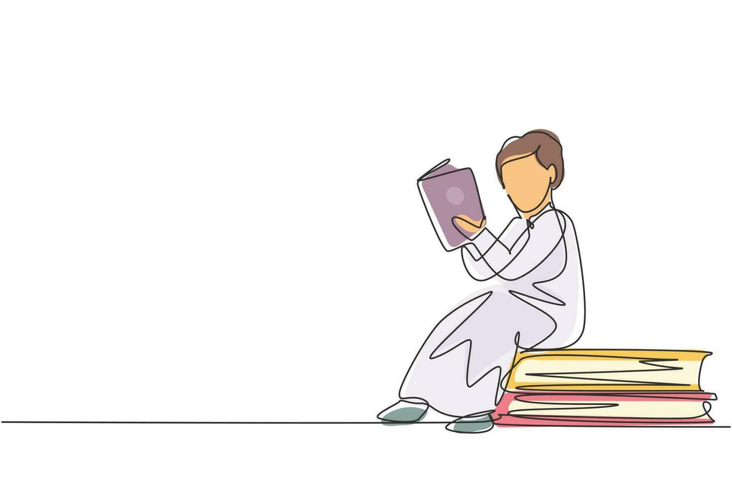 enkele doorlopende lijntekening Arabische kleine jongen lezen, leren en zittend op grote boeken. thuis studeren. slimme student, onderwijsconcept. dynamische één lijn trekken grafisch ontwerp vectorillustratie vector