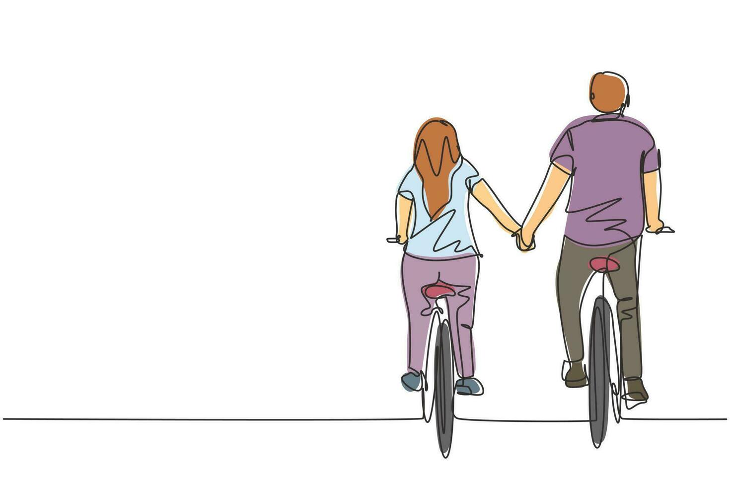 single doorlopend lijn tekening terug visie van romantisch wielersport paar Holding handen in middag. saamhorigheid van jong man en vrouw na bruiloft. een lijn trek grafisch ontwerp vector illustratie