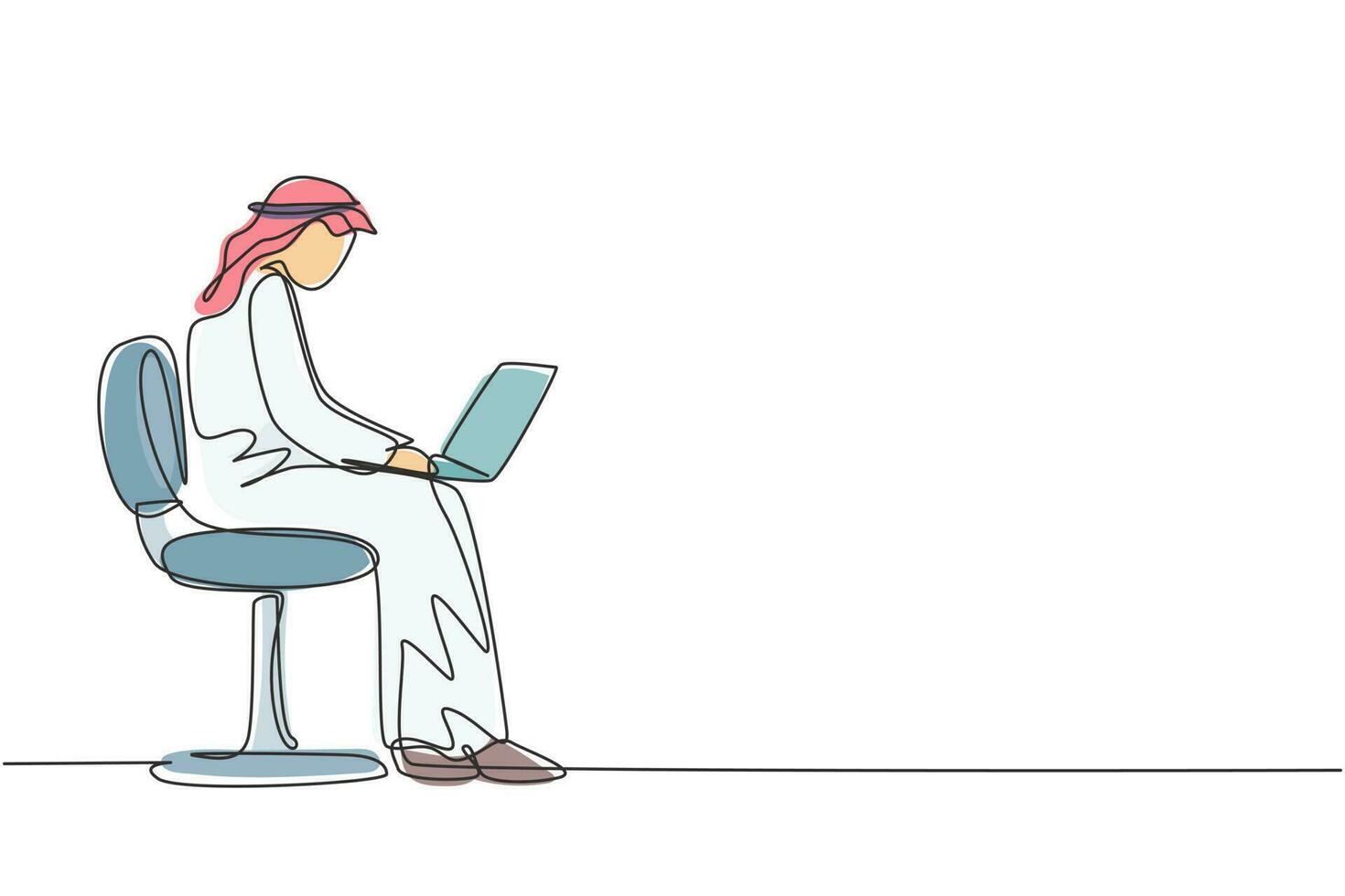 continu één lijntekening jonge arabische man met laptop zittend op de stoel. freelance, afstandsonderwijs, online cursussen en studieconcept. enkele lijn tekenen ontwerp vector grafische afbeelding