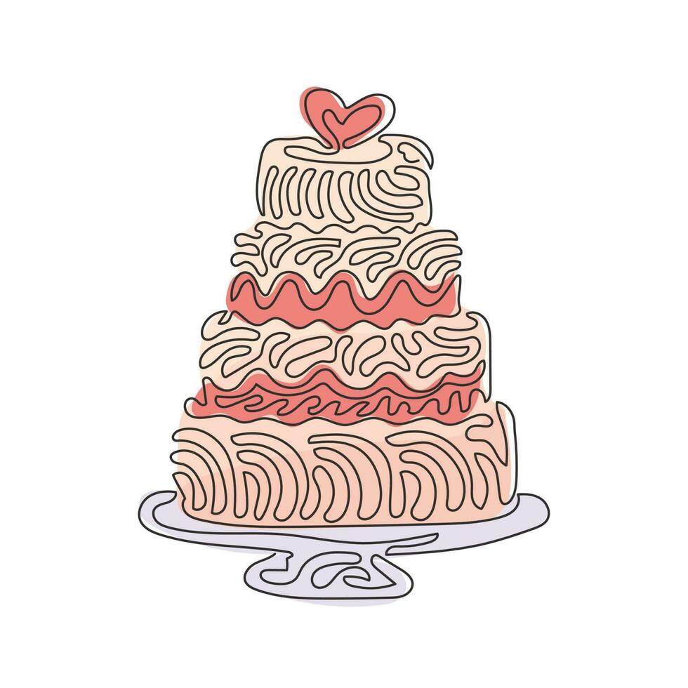 continue één lijntekening bruidstaart met liefdesvorm bovenop. zoete cake voor het vieren van het huwelijk. smakelijk dessert huwelijksfeest. swirl krul stijl. enkele lijn tekenen ontwerp vector grafische afbeelding