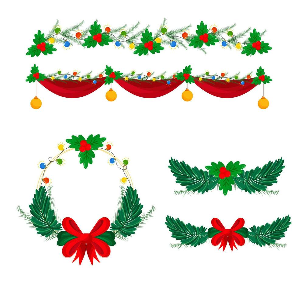 verzameling van Spar of pijnboom bladeren met hulst bessen, kerstballen, verlichting slinger Aan wit achtergrond. vector
