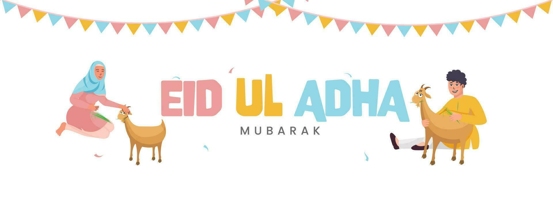 eid ul adha mubarak tekst met moslim jong jongen en meisje Holding geit Aan wit achtergrond. vector