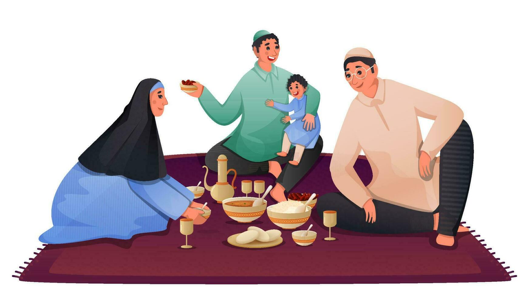 moslim familie genieten van iftar of suhoor maaltijd samen Bij tapijt. vector