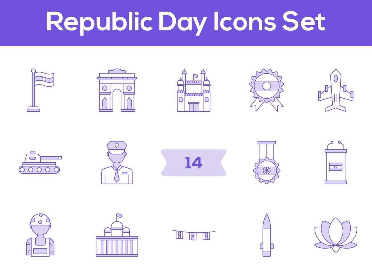 Purper en wit reeks van republiek dag icoon in vlak stijl. vector
