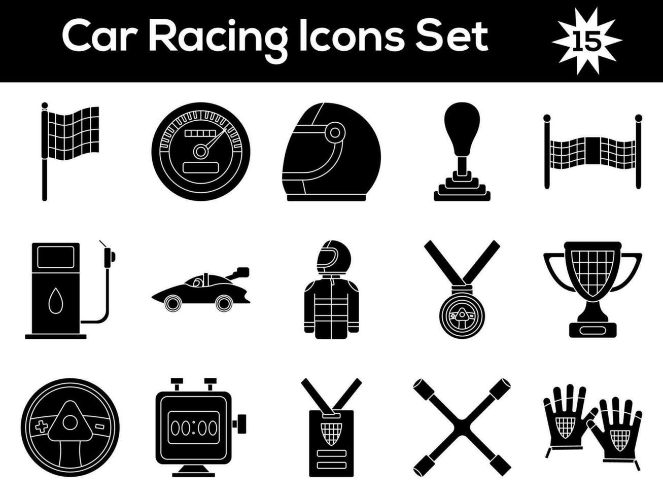 glyph stijl reeks van auto racing pictogrammen of symbool. vector