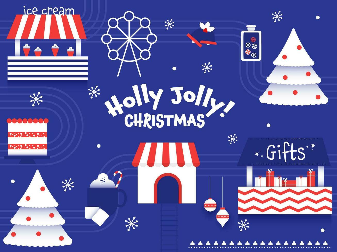 hulst vrolijk vrolijk Kerstmis viering achtergrond met ijs room winkel, Kerstmis boom, geschenk dozen, rinkelen klok en ferris wiel. vector