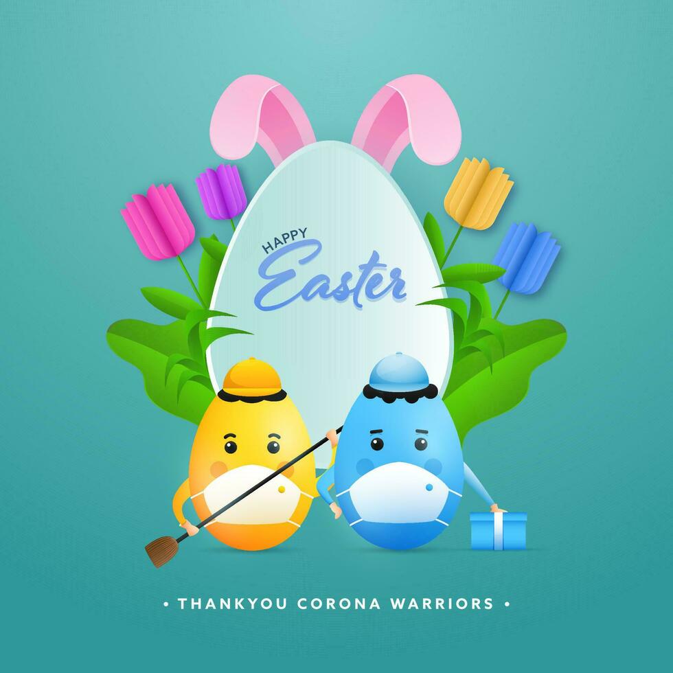 dank u corona krijgers poster ontwerp met tekenfilm eieren slijtage medisch masker, konijn oor en papier besnoeiing tulp bloemen Aan de gelegenheid van gelukkig Pasen. vector