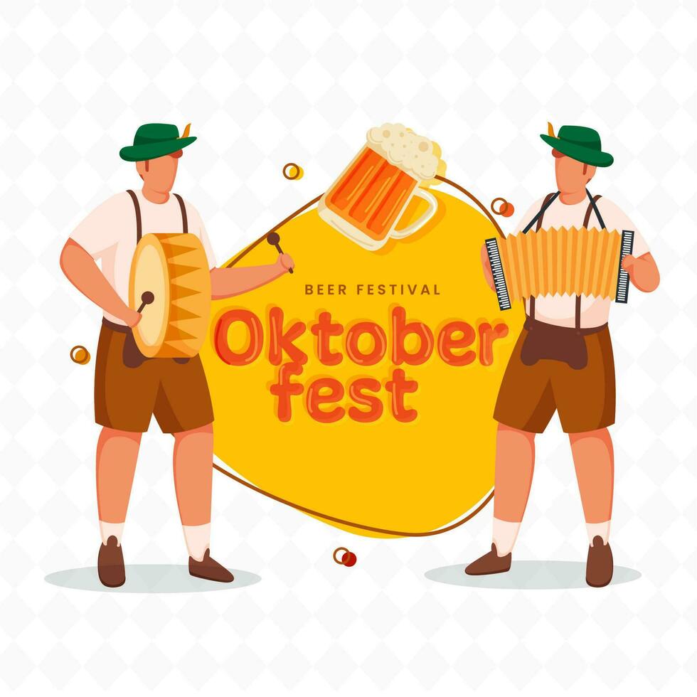 oktoberfeest bier festival concept met gezichtsloos Duitse mannen spelen muziek- instrument Aan geel en wit ruit patroon achtergrond. vector