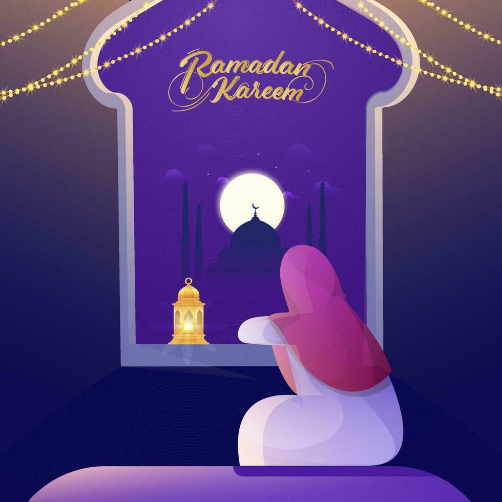 gouden Ramadan kareem doopvont met terug visie van moslim vrouw op zoek uit van venster en lit lantaarns Aan vol maan Purper silhouet moskee achtergrond. vector