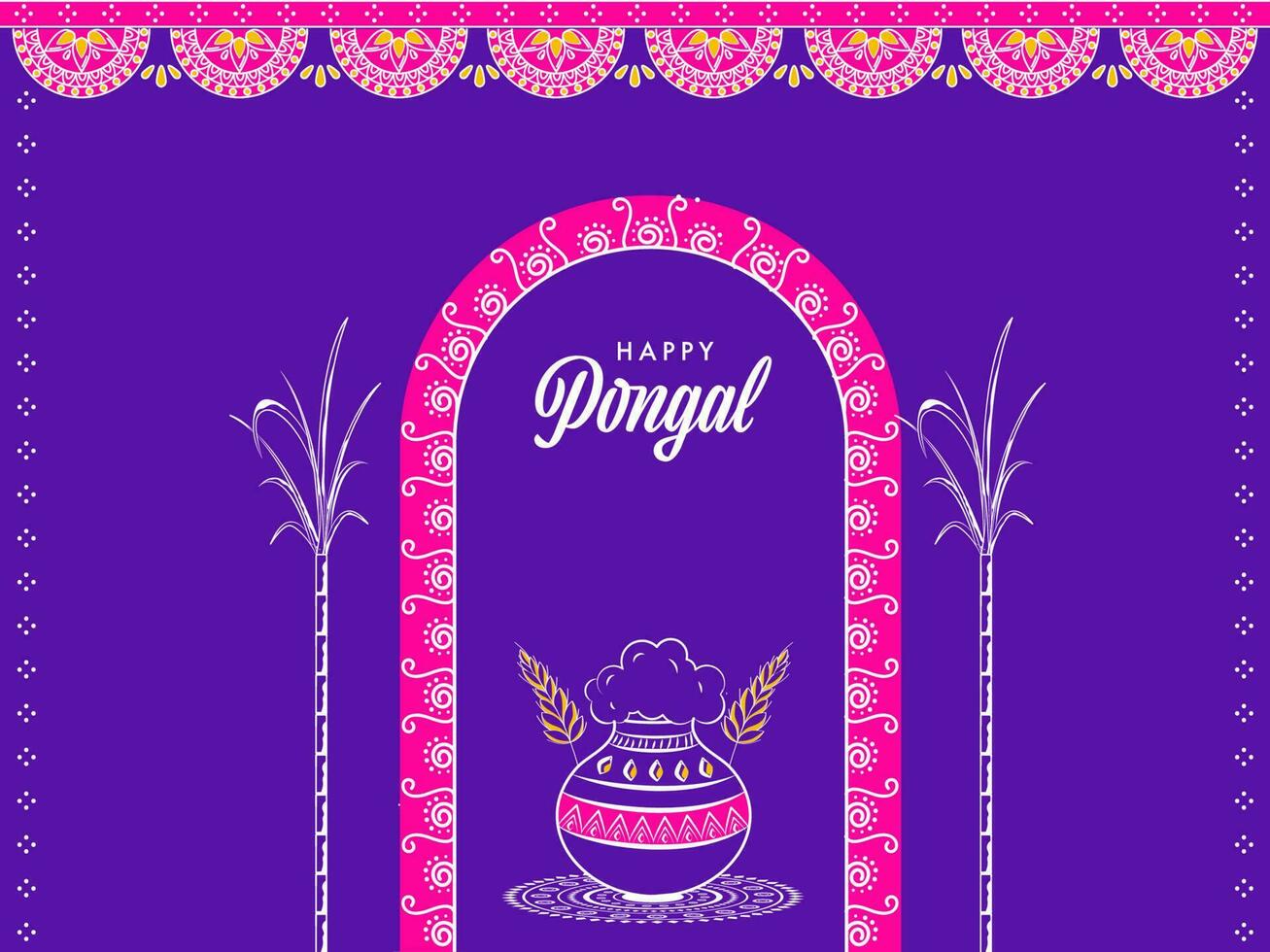 gelukkig pongal concept met tekening modder pot vol van traditioneel gerecht, tarwe oor, suikerstok Aan Purper en roze bloemen achtergrond. vector