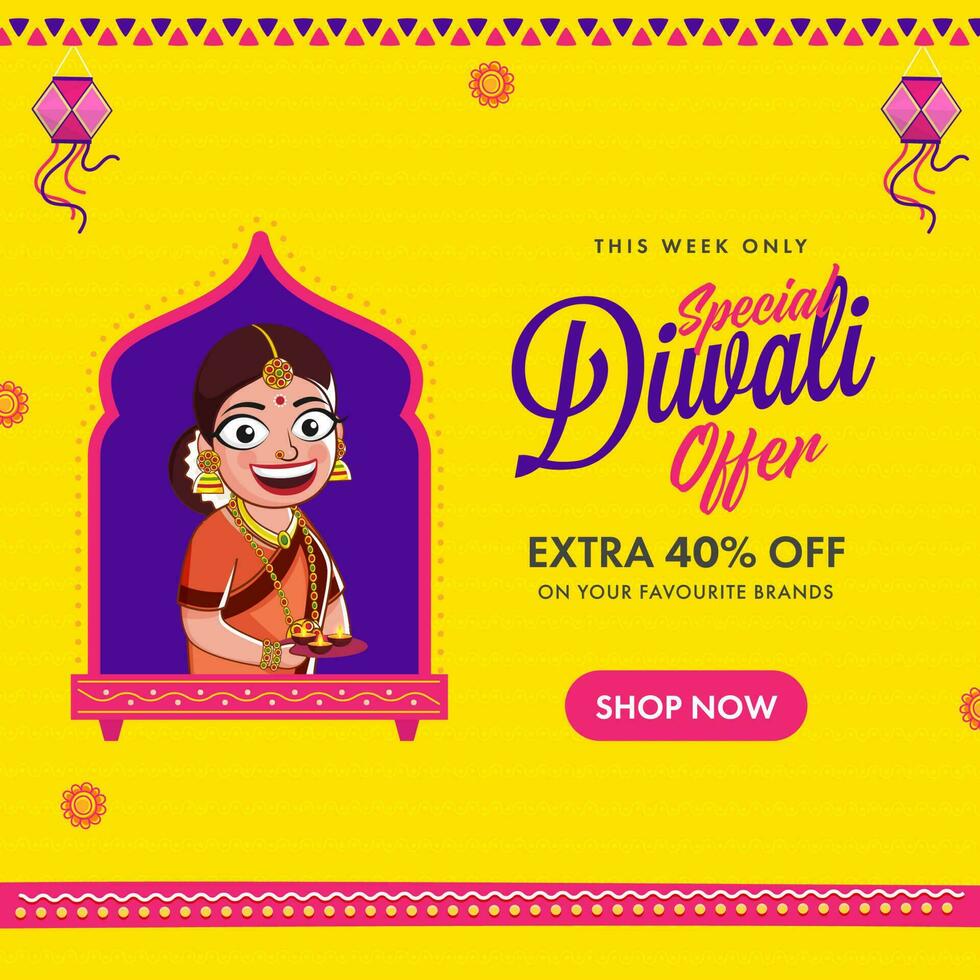 diwali uitverkoop poster ontwerp met korting aanbod en Indisch vrouw Holding bord van lit olie lamp Aan geel achtergrond. vector