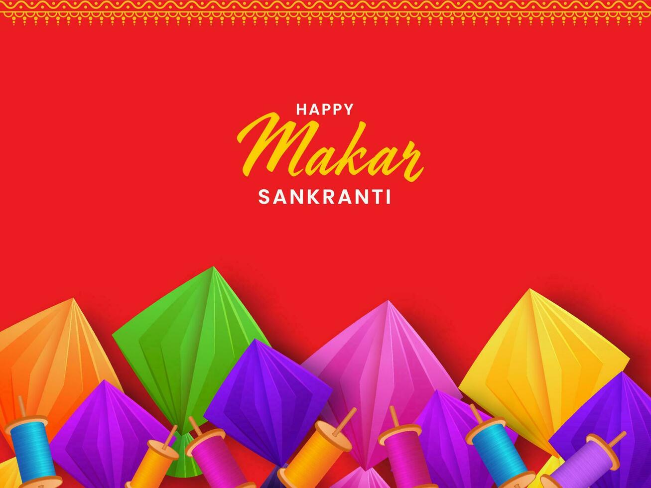 gelukkig makar sankranti concept met kleurrijk origami papier vliegers en realistisch draad spoelen versierd Aan rood achtergrond. vector