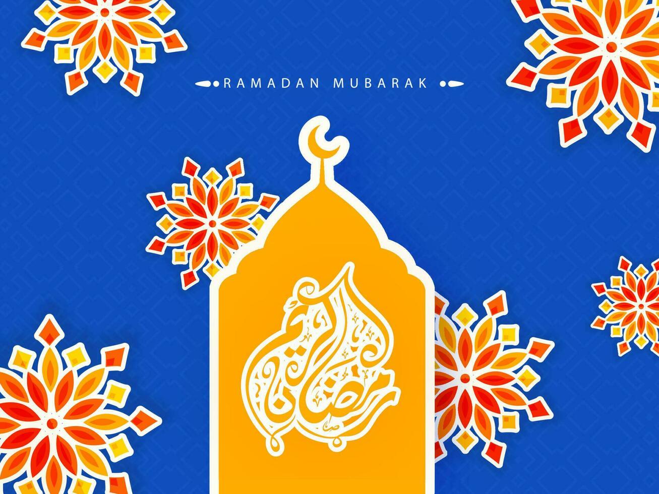 Arabisch schoonschrift van Ramadan mubarak met moskee en bloemen patroon versierd Aan blauw achtergrond. vector