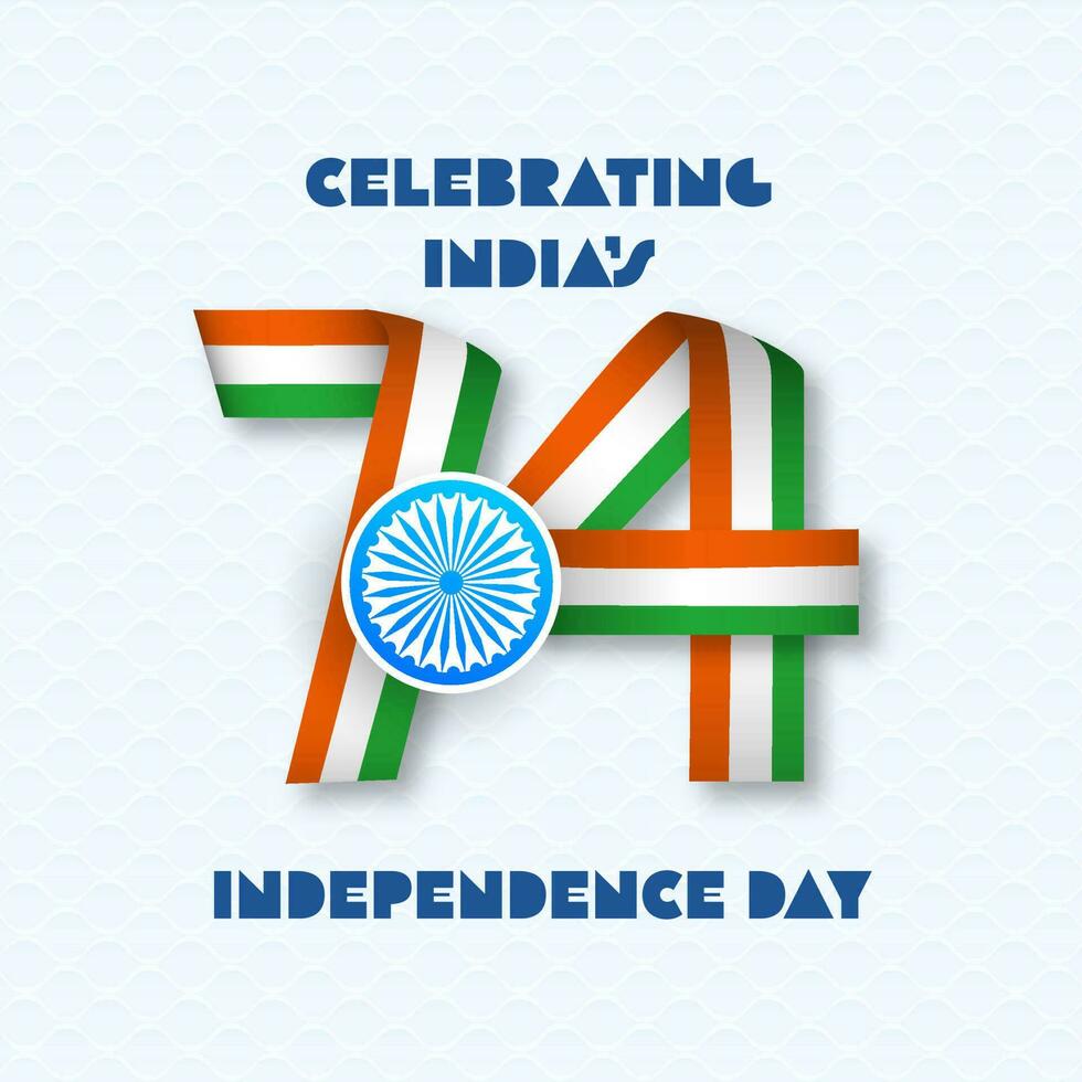 vieren Indië onafhankelijkheid dag tekst met 74 aantal in driekleur lint tegen wit maas patroon achtergrond. vector