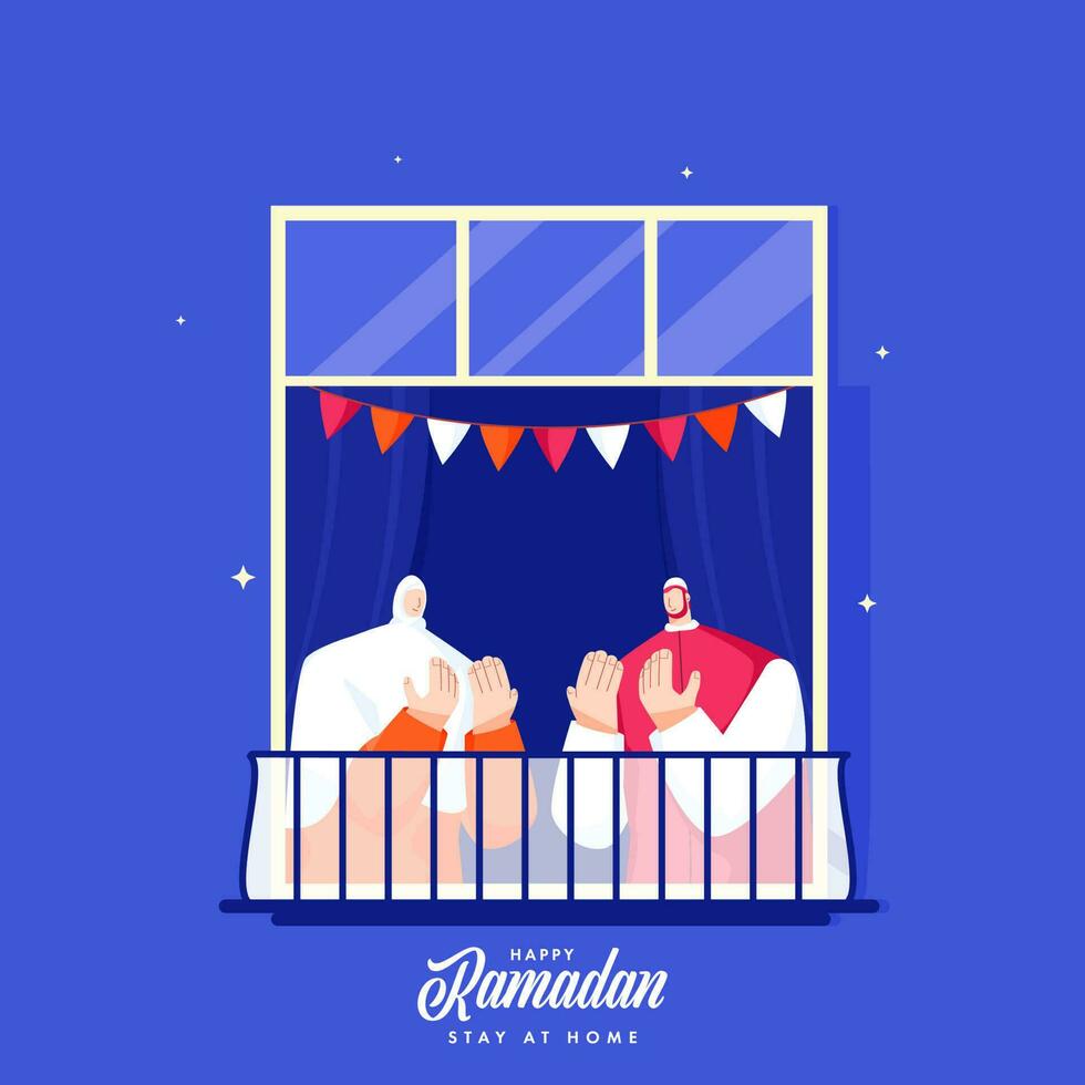 tekenfilm moslim Mens en vrouw aanbieden namaz Bij venster balkon Aan de gelegenheid van Ramadan festival, blijven Bij huis naar voorkomen van covid19. vector