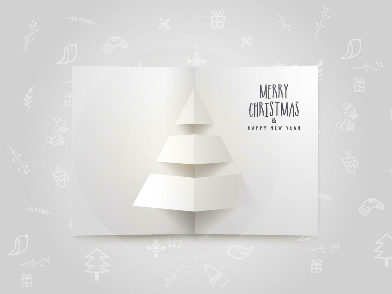 vrolijk Kerstmis en gelukkig nieuw jaar viering groet kaart ontwerp met papier besnoeiing Kerstmis boom Aan wit Kerstmis festival elementen patroon achtergrond. vector