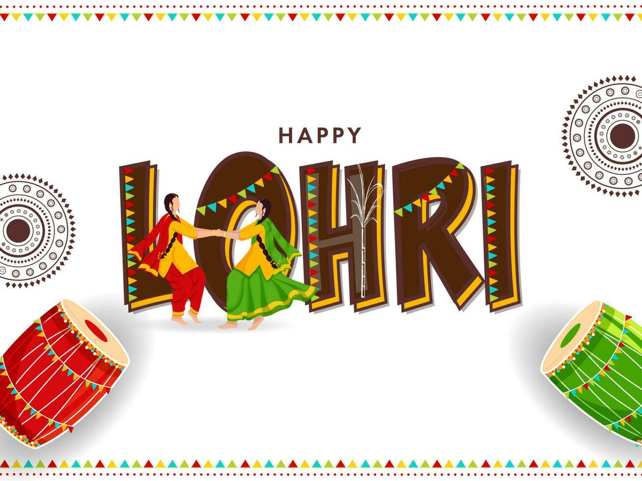 gelukkig lohri poster ontwerp met Punjabi jong Dames aan het doen giddha dans, dhol instrumenten en lineair mandala patroon Aan wit achtergrond. vector