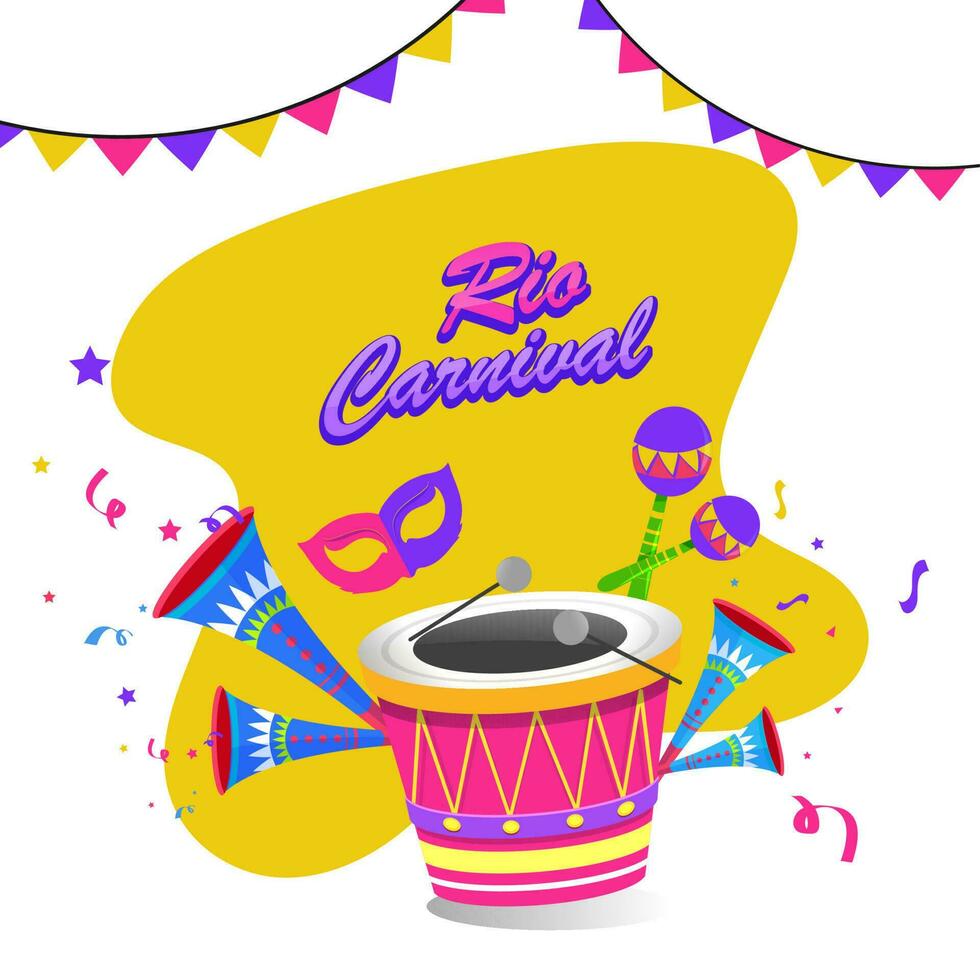 Rio carnaval viering poster of sjabloon ontwerp met partij masker en muziek- instrumenten illustratie Aan abstract achtergrond. vector