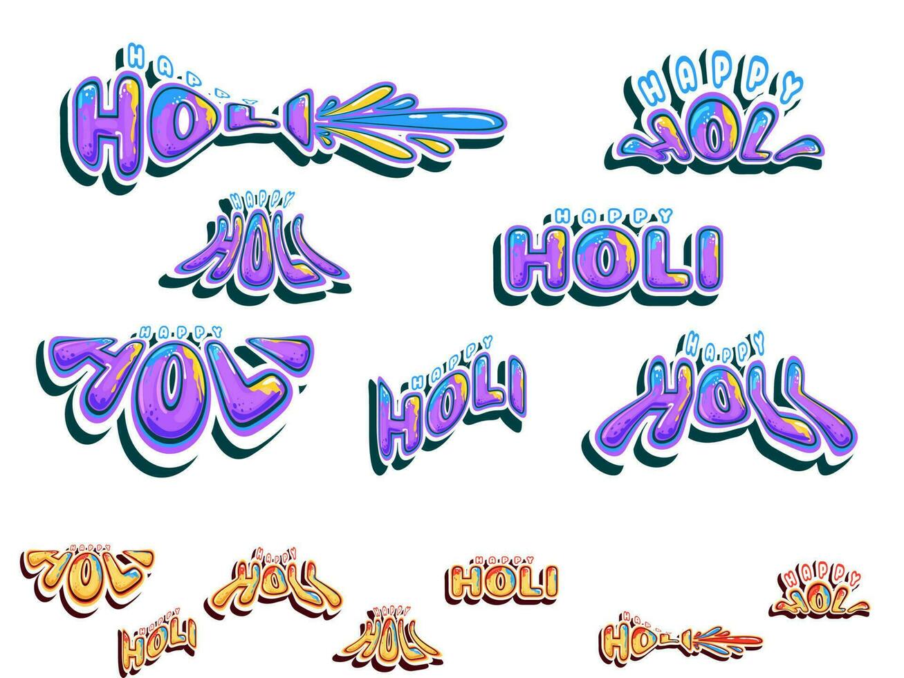 sticker stijl gelukkig holi doopvont in divers types Aan wit achtergrond. vector